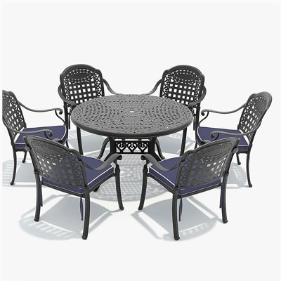 Ensemble de 7 pièces de mobilier de patio en aluminium coulé avec coussins bleus