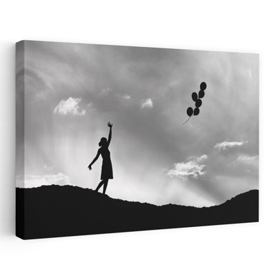 Silhouette et ballons flottants, impression dramatique sereine, paysage naturel, art mural