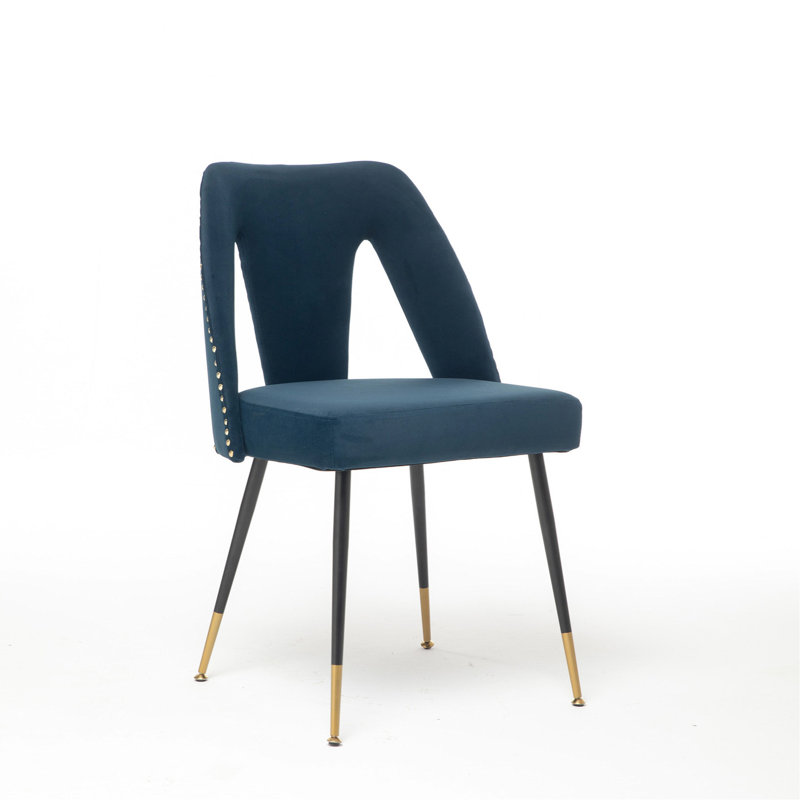 Blue Velvet Dining Chair With Metal Legs And Nailhead Decorations, Of 2pc Chairs Contemporary Upholstery Black Legs, 2, Blue