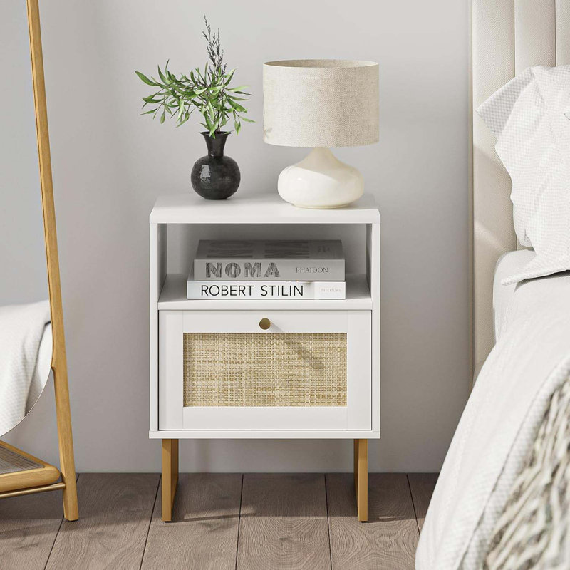 Rattan Nightstand,Modern Boho Farmhouse Wood Bedside Table With Storage Drawer And Open Shelf,Small Gold Frame Side End Table For Bedroom,Living Room,Office