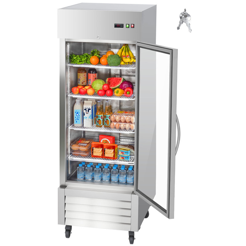 Réfrigérateur commercial, porte vitrée simple de 29,02 po de largeur, réfrigérateur en acier inoxydable à dégivrage automatique de 21,5 pieds cubes avec 4 tablettes réglables, plage de température de 32 à 50 ° C