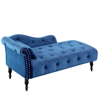 Chaise longue en velours à boutons, pieds en bois massif, garniture cloutée, chaise relax en bleu, conception, pieds rehaussent votre chambre à coucher