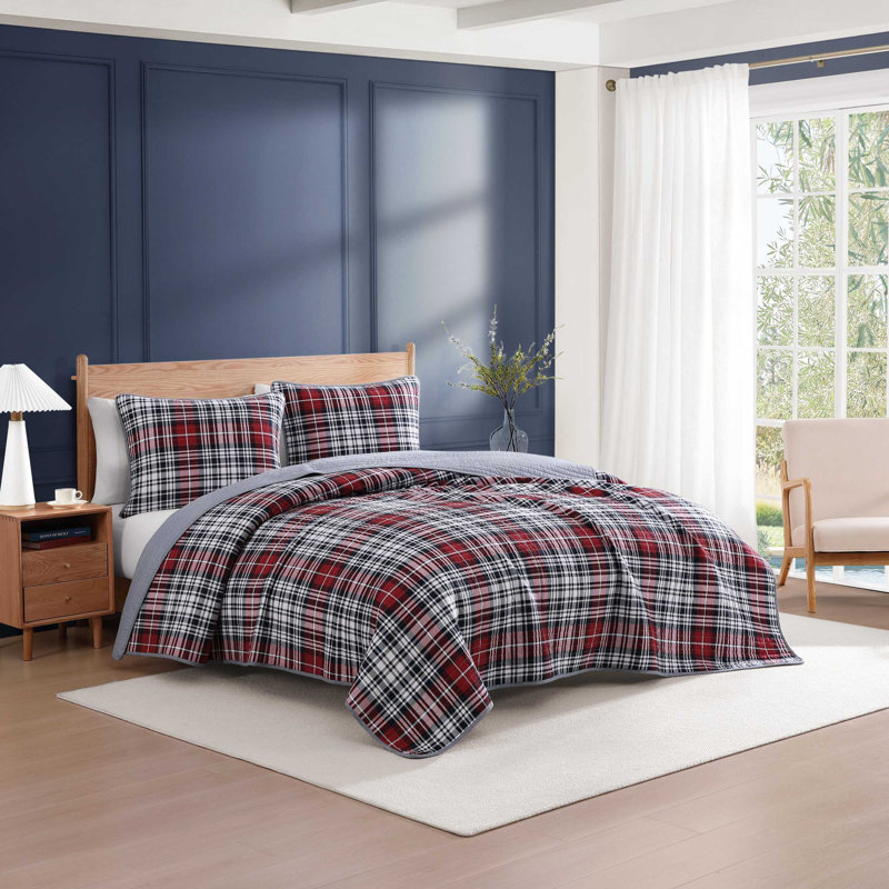 Ensemble de courtepointe réversible en coton bleu tartan Tommy Hilfiger, Bleu / carreaux rouges