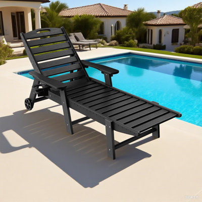 Lounge Chair Ourdoor With 6-Position Adjustable Back, HDPE Patio Chaise With Wheels And Cup Holder, Black