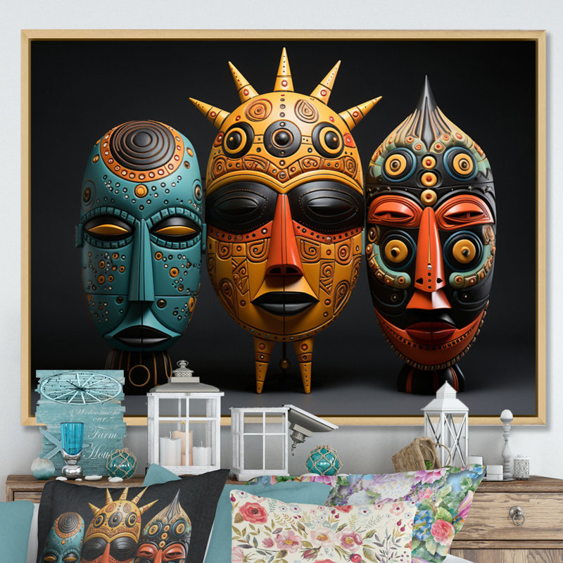 Masques colorés d'Afrique sur toile, H 16 po x l 32 po x P 1 po, Cadre naturel flottant