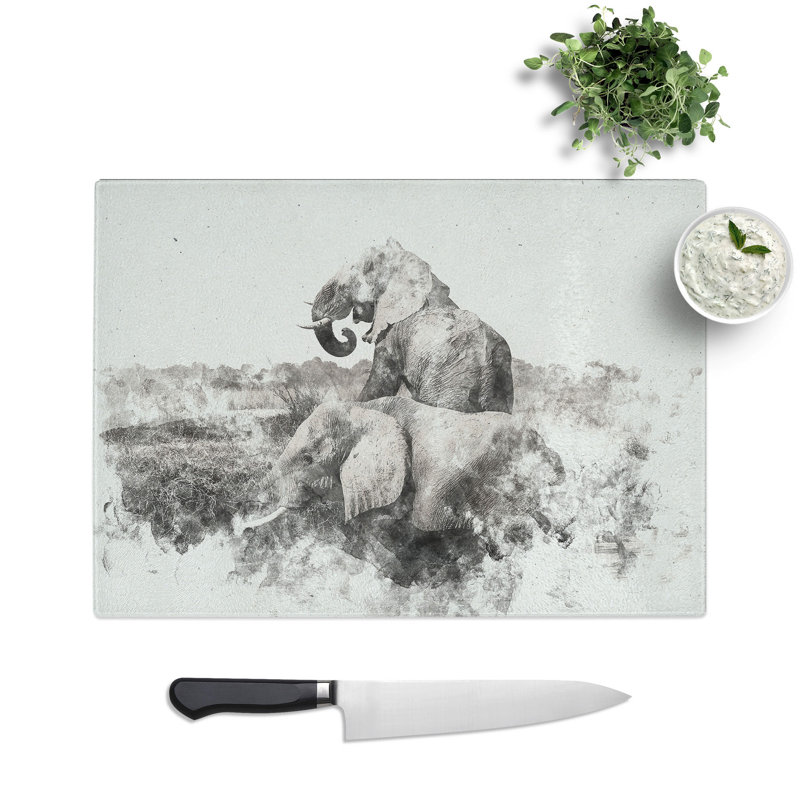 Tempered Glass Two Elephants Watercolour Chopping Board, 28.5 cm x 39 cm