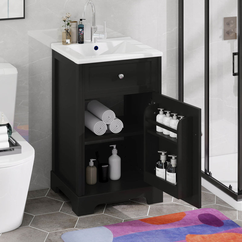 Meuble-lavabo de 20 po avec lavabo supérieur en céramique, armoire de salle de bain, support de rangement à deux niveaux et tablettes réglables