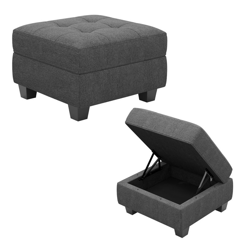 Repose-pieds rembourré en lin et velours Buckleton, Lin gris foncé