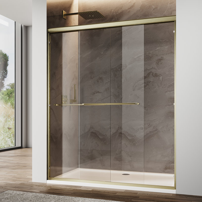 Portes coulissantes doubles 54 po x 72 po avec porte-serviettes à poignée double et verre trempé 1/4 po, doré, Doré