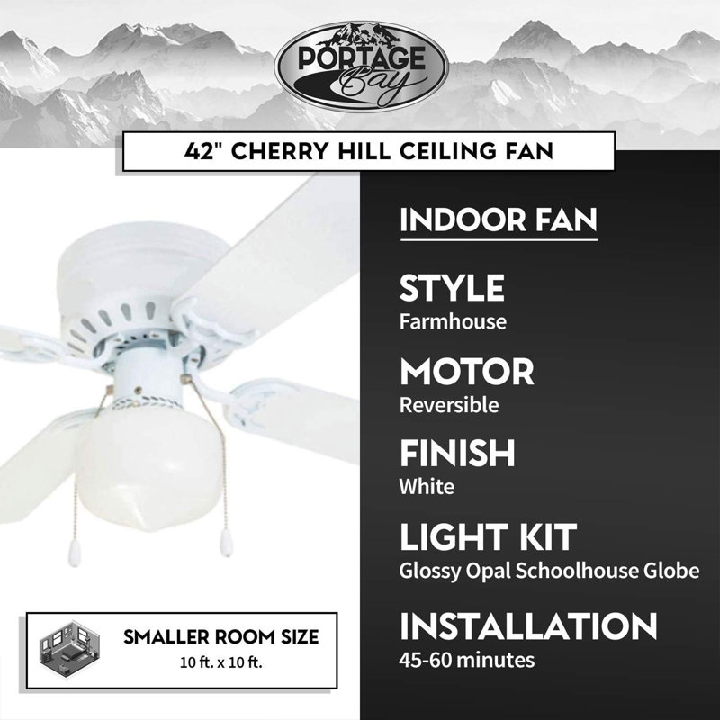  Cherry Hill Ceiling Fan with Quiet, Reversible Motor, 42", White