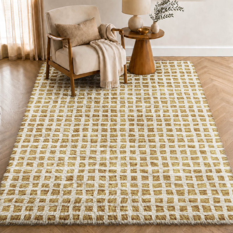 Tapis géométrique Dream Shag ADS727 lavable à la machine de qualité supérieure, Doré, 10' x 14'