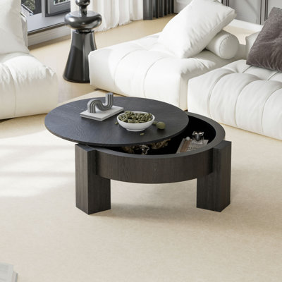 Table basse ronde de 33 po avec rangement dissimulé, table d'appoint moderne en placage de bois Wabi-Sabi, table d'appoint centrale robuste à 3 pieds pour le salon, petit espace