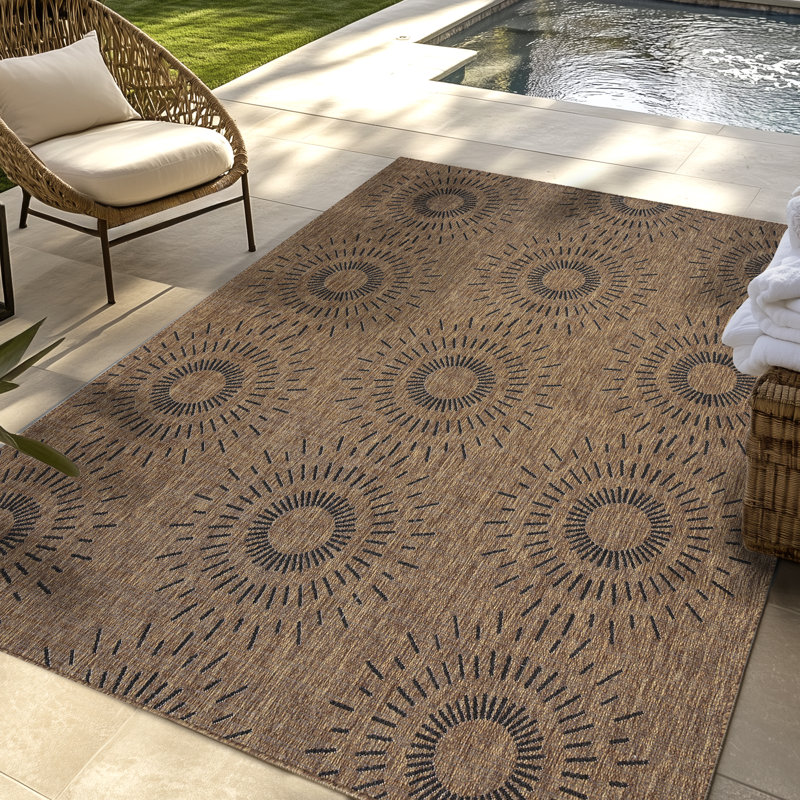 Paseo Tiaret All- Weather Flatweave Indoor/Outdoor Area Rug, Brown Black Tribal Sunburst – Patio, Deck, Porch & Poolside