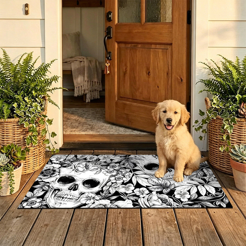  Tapis d'entrée antidérapant pour l'extérieur, 16 po x 24 po, croquis floral à double tête de mort, 16 po x 24 po