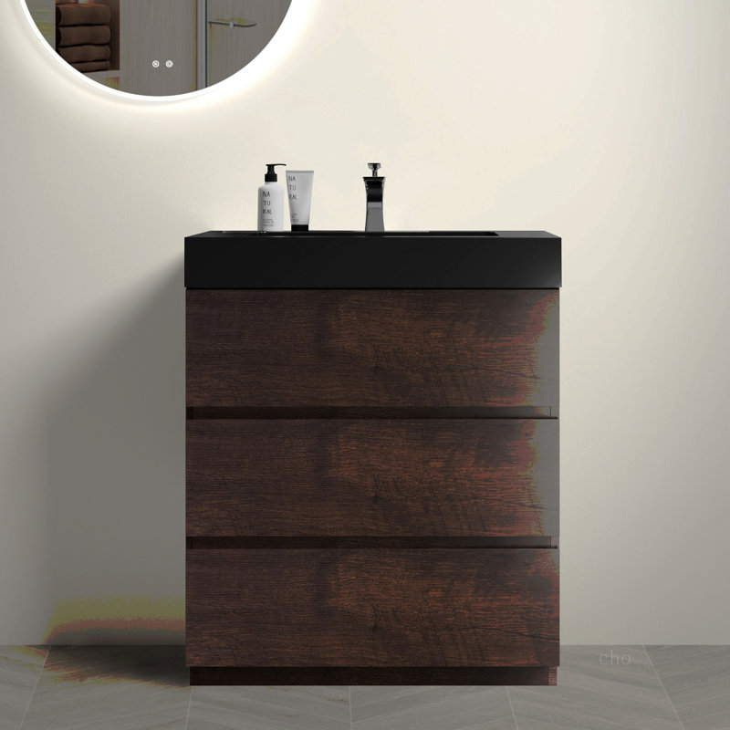 Meuble-lavabo autoportant de 30 po en noyer avec lavabo, grand meuble-lavabo autoportant pour salle de bain moderne, lavabo une pièce noir sans drain ni robinet, pré-assemblé