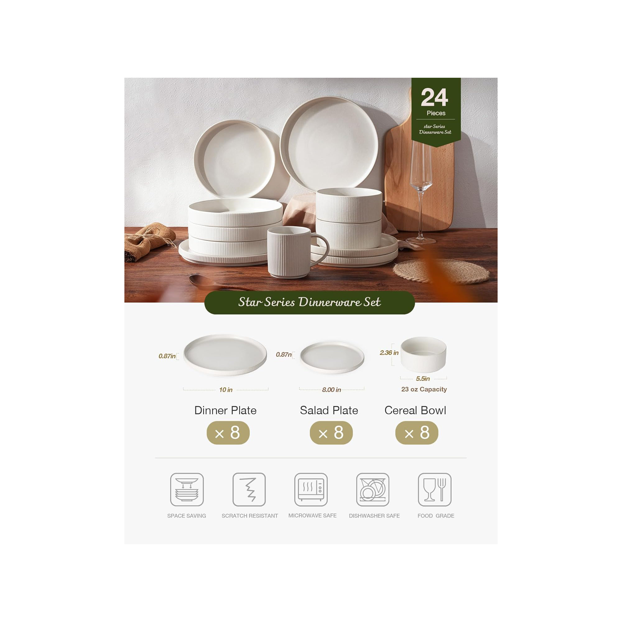 Famiware 24 Piece Dinnerware Set, Service for 8, Matte White