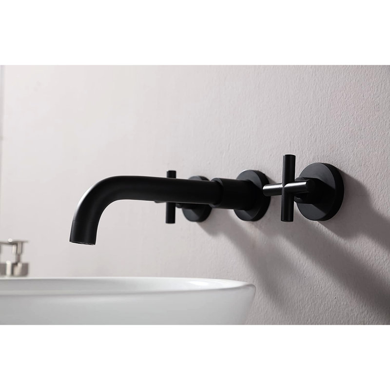 Robinet de salle de bain mural noir mat avec 2 poignées - rouille, corrosion, égratignure, ternissure, débit de débit de 1,5 gallon par minute, bec de 8 po de hauteur, plaque de plate-forme de 7 po de portée centrale, trop-plein inclus
