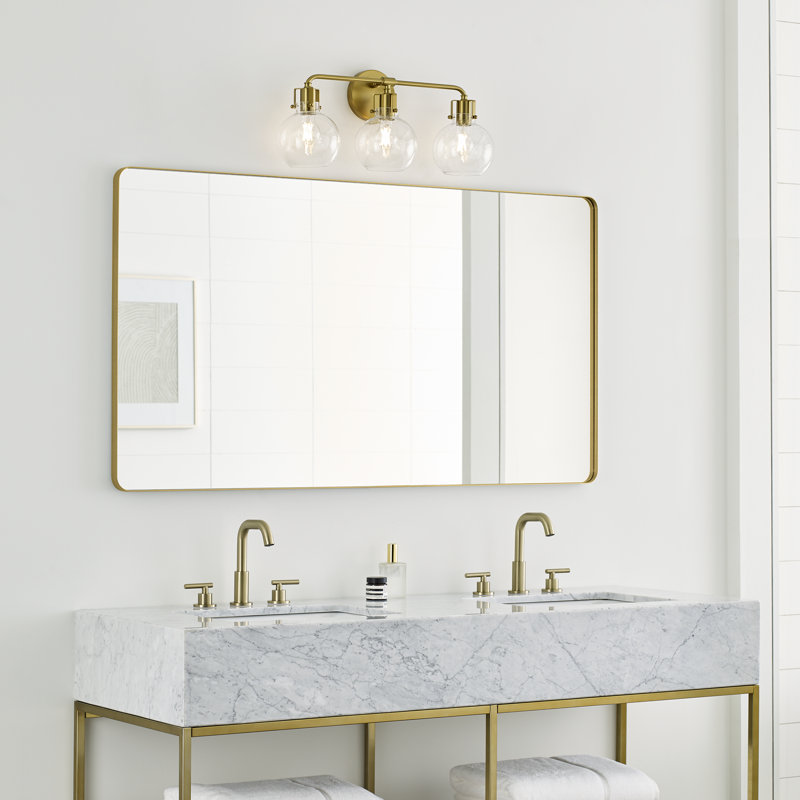 Byrne 3-Light Steel Vanity Light with Seeded Glass Shades, Burnished Brass