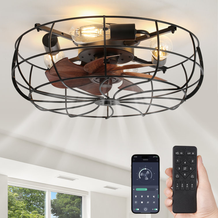 20" Farmhouse Low Profile Caged Ceiling Fans With Lights And Remote, Flush Mount Ceiling Fan