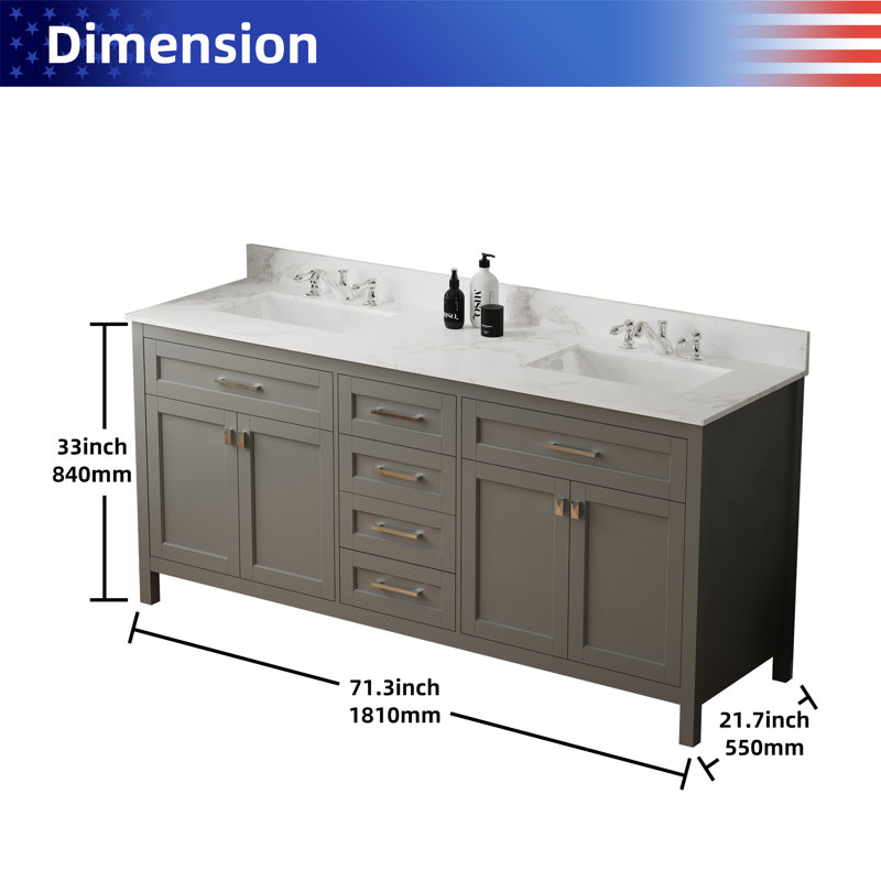 Gray 72'' Double Freestanding Bathroom Vanity with Marble Top