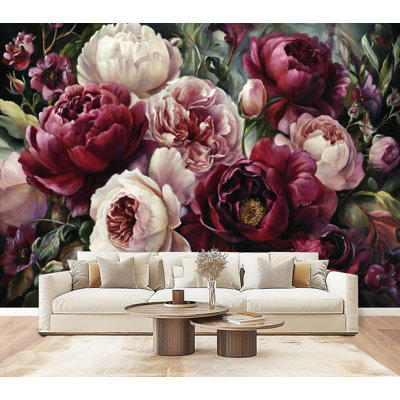 Peel and Stick Wallpaper Moody Burgundy Blush Floral Oil Painting Wall Murals 69"H x 96"W Wall Paper Self-Adhesive Wall Decor for Bedroom Living Room Home Office