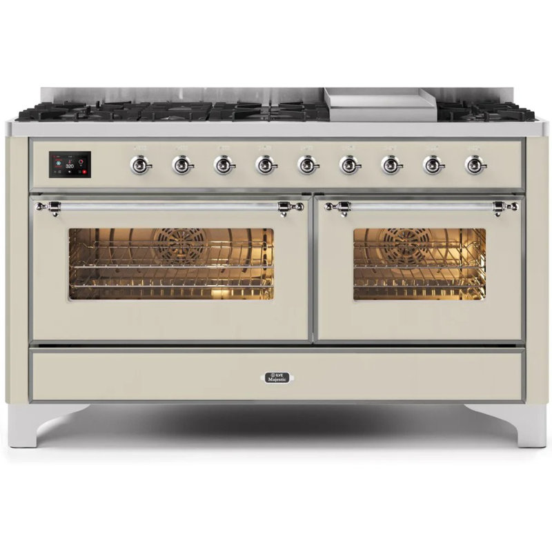 ILVE UM15FDNS3BGG Majestic II 60 inch Dual Fuel Range with 9 Burners, Griddle (Natural Gas, Triple Glass Door, Blue Grey, Brass)
