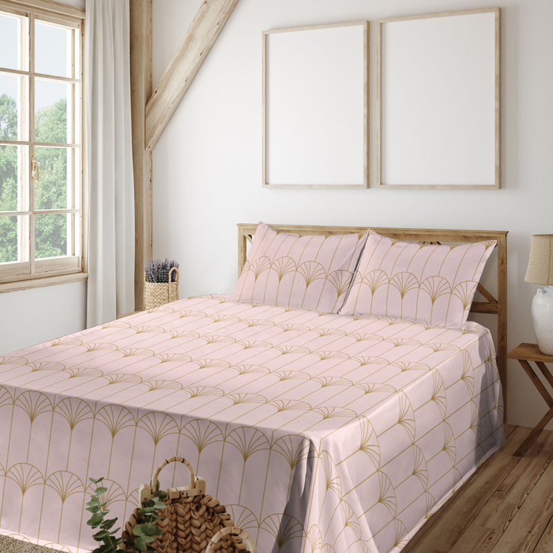 Microfiber Sheet Set, King Sheet Set with 2 Pillowcases, Light Blush/Sand Brown Geometric