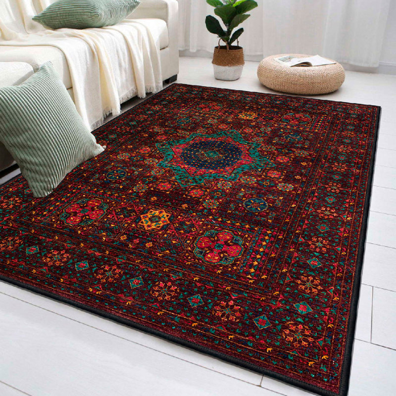 Premium 100% Cotton Area Rug (5.2 x 7.5 ft), Claret Red, Camel & Green | 1200 g/m², Antibacterial, Non-Slip PVC Underside, Machine Washable | Soft Pile Height: 0.4 in, Total Thickness: 0.3 in | Perfect for Living Room & Bedroom Decor