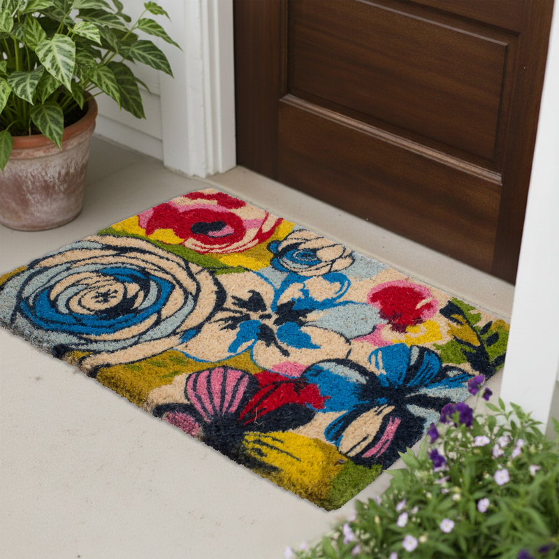 Dekel Watercolor Floral Coconut Coir Entryway Doormat, 24" x 36" Thick