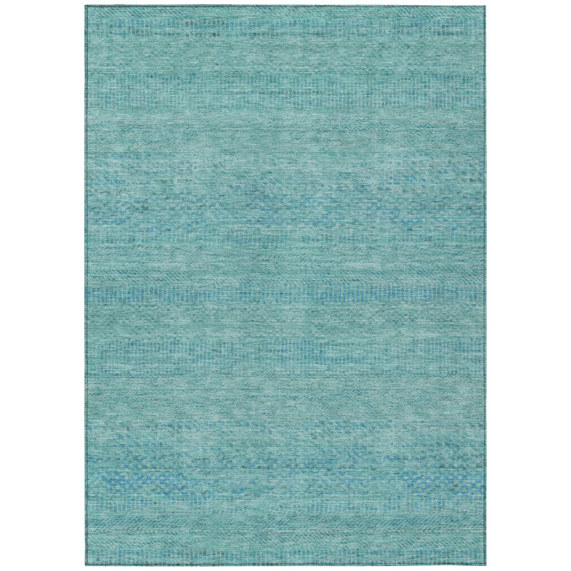 Aqua and White Striped Washable Synthetic 3' x 5' Rug