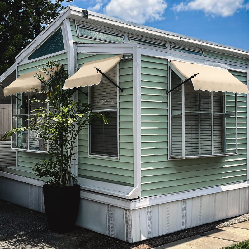 Awntech New Orleans Acrylic Fabric Fixed Awning with Iron Spear Arms, Tan, 31" H x 124.5" W x 16" D
