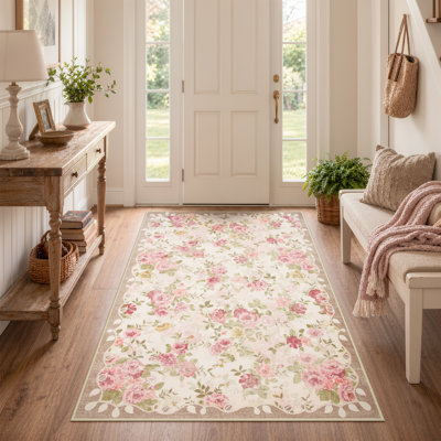 Vintage Floral Machine Washable Area Rug with Non-Slip Backing