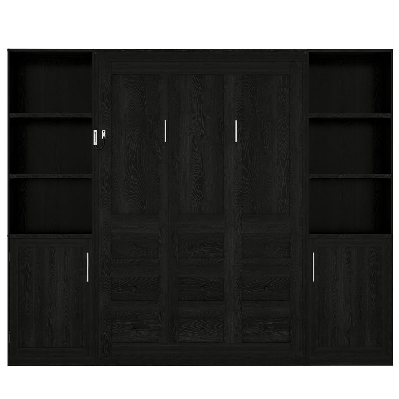 Grand lit escamotable en bois avec armoires de rangement, lit escamotable mural avec tablettes, aucun sommier nécessaire