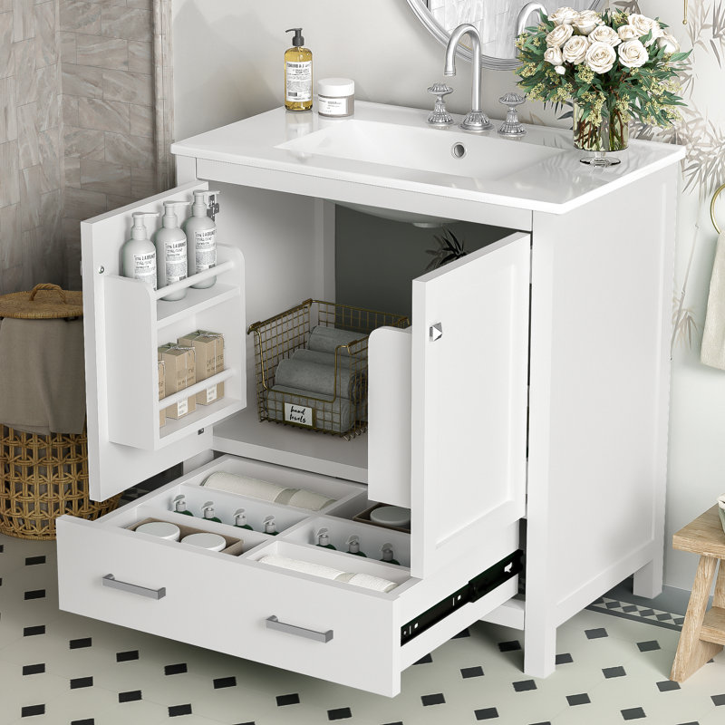 Armoire de salle de bain blanche 30 po, meuble-lavabo à simple cuve, structure en bois massif, 2 portes et 1 tiroir, fonction de fermeture en douceur pour une durée de vie pratique + lavabo encastré, choix de rangement tendance