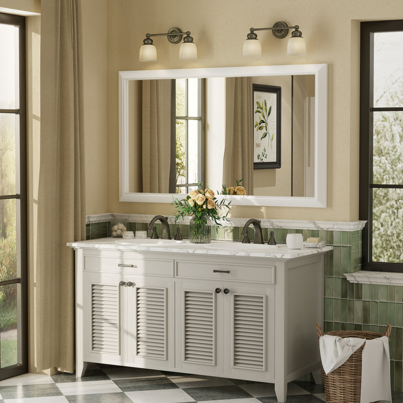 Amara Tempered Glass and Aluminum Alloy Framed Wall Mirror, Matte White, 55" x 32"