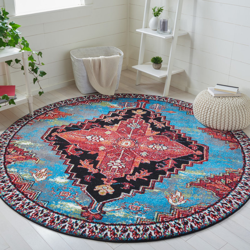 Tapis bleu / rouge Drumnasole Southwestern, Rond 6 pi 7 po