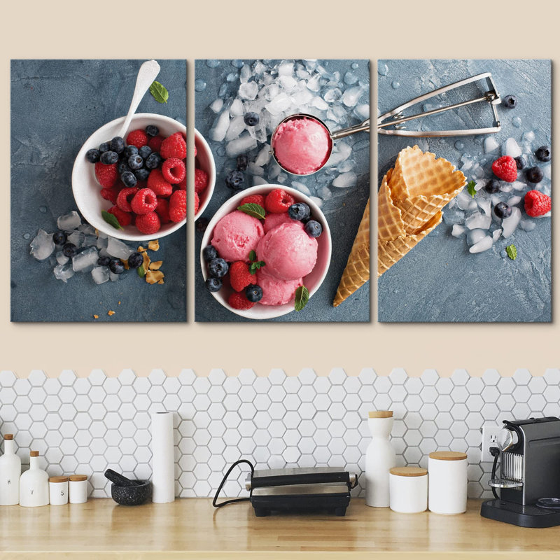 Décoration murale moderne crème glacée à la framboise dans un bol blanc, Toile tendue, H 24 po x l 48 po