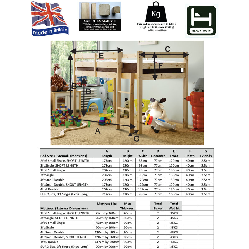 Ivy Mid Sleeper Solid Pine Cabin Bed, Single (3')