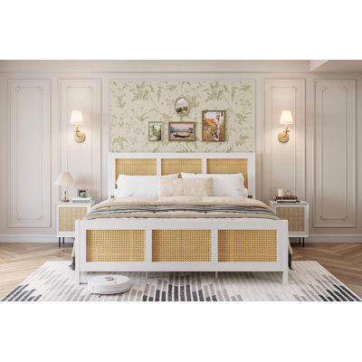 Structure de lit en rotin, lit plateforme en métal avec tête de lit en rotin naturel et base de matelas, silencieux, support de lattes en métal