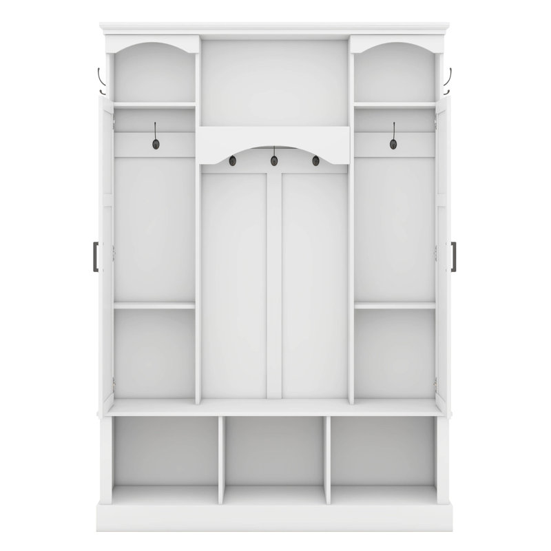 All-In-One Hall Tree With Adjustable Shelves, Classic Arched Storage Bench With Dual Side Cabinets, 7 Hooks, White