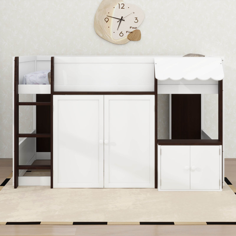 Full Low Loft Bed With Storage, Door And Window, Wood Playhouse Bed Frame With Storage, White/Espresso