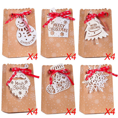 24Pcs Christmas Goody Bags Bulk Christmas Kraft Paper Gift Bags with Tags for Holiday Party Supplies