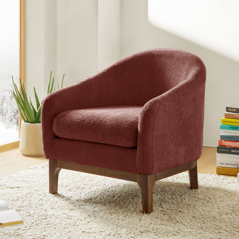 Berklie Modern Boucle Barrel Chair with Solid Wood Legs, Rosewood Fabric
