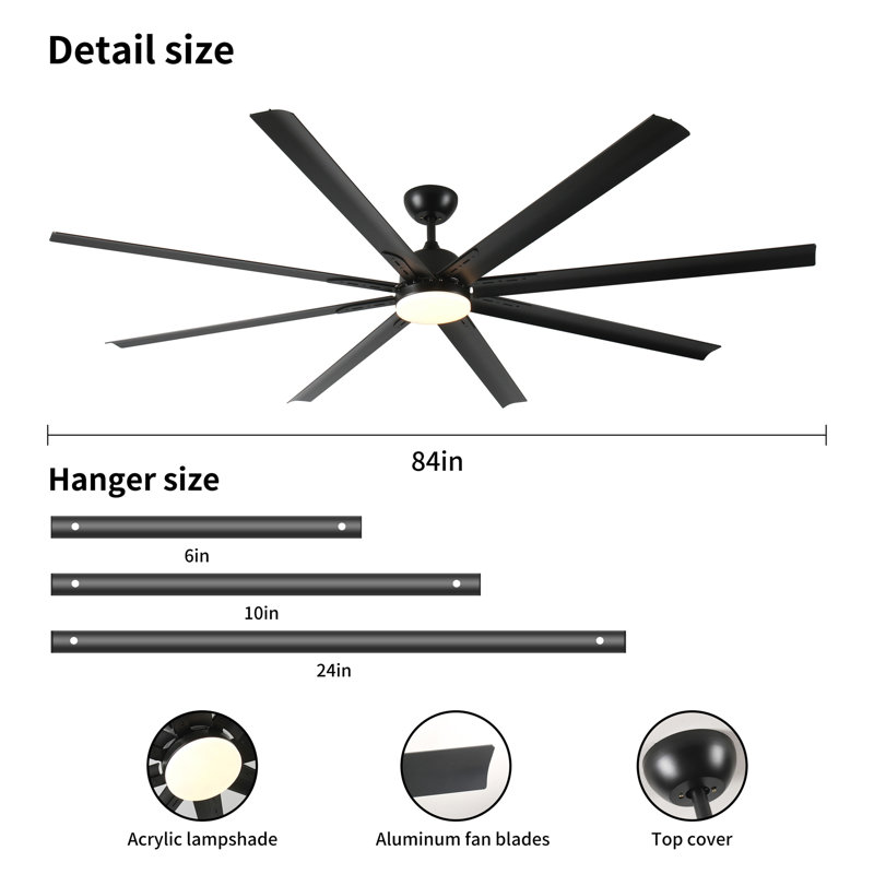 Très grand ventilateur de plafond noir 84 po avec télécommande
