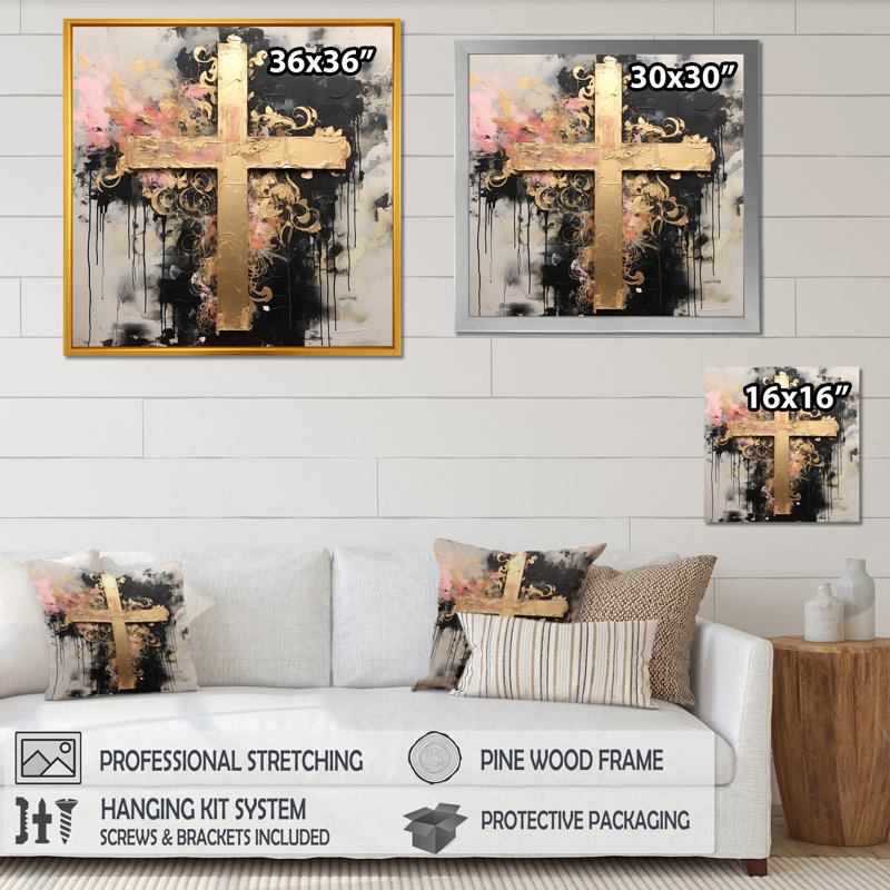 Divine Love, croix religieuse II, H 24 po x l 24 po x P 1 po, Cadre flottant doré