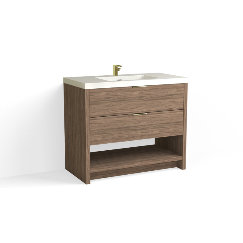 Vue 42" W Freestanding Single Bathroom Vanity, Glossy White/8" Widespread, Matte Black, White Nanomatte