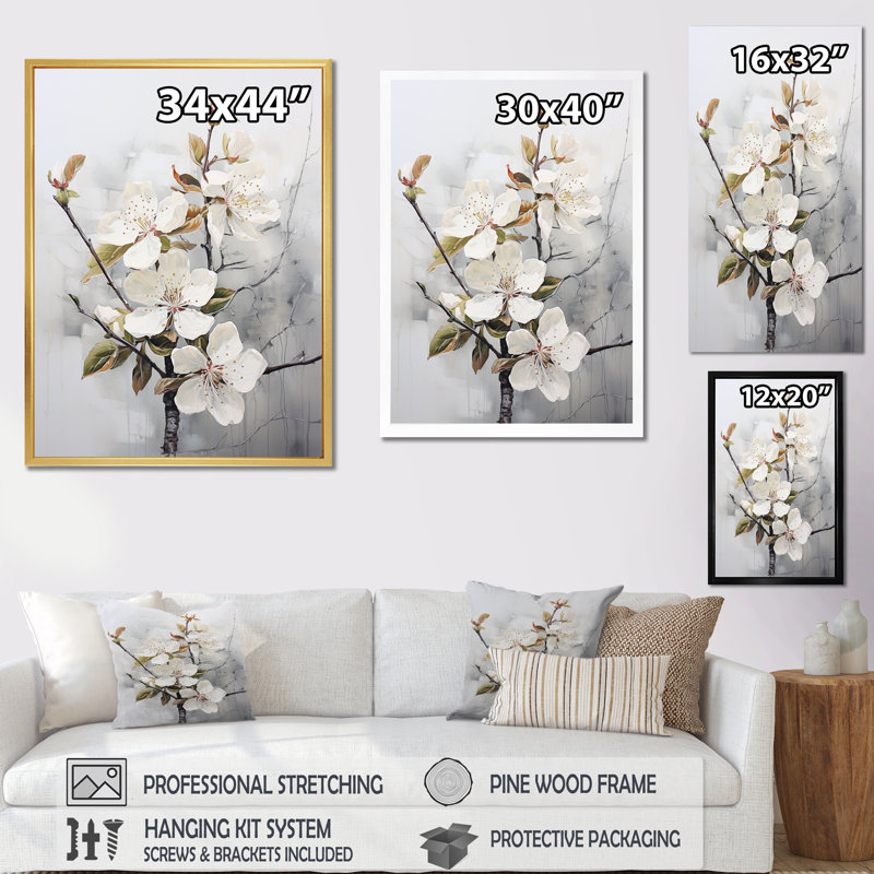 Minimalisme, fleur de pommier blanc I sur toile, Toile tendue, H 32 po x l 16 po x P 1 po