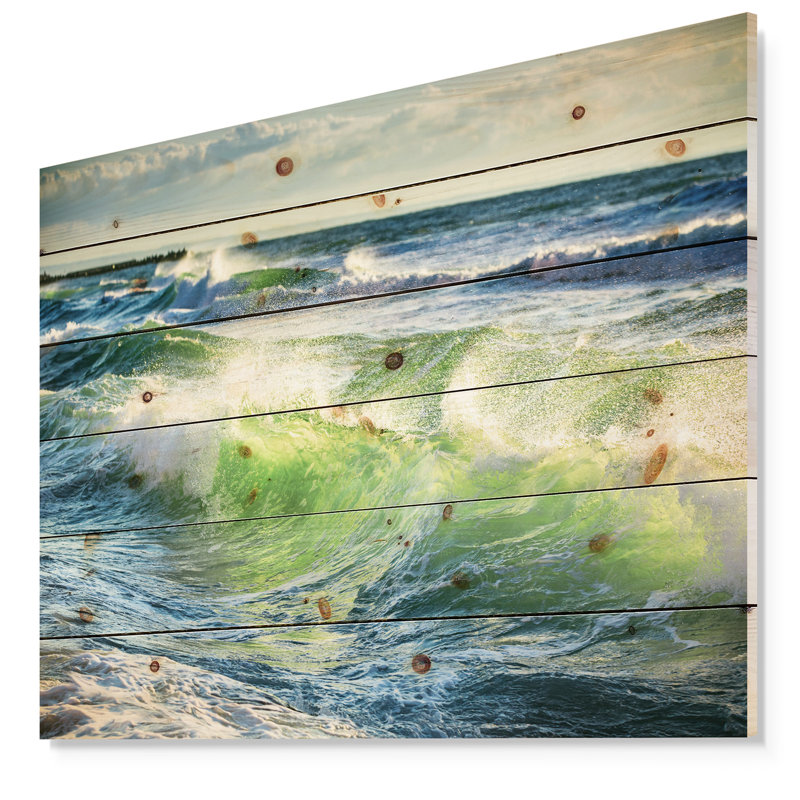 Lever du soleil et vagues brillantes dans l'océan - impression, H 30 po x l 40 po x P 1,5 po, Bois