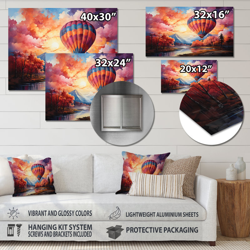 Décoration murale colorée en montgolfière II - montgolfière en métal, H 16 po x l 32 po x P 1 po
