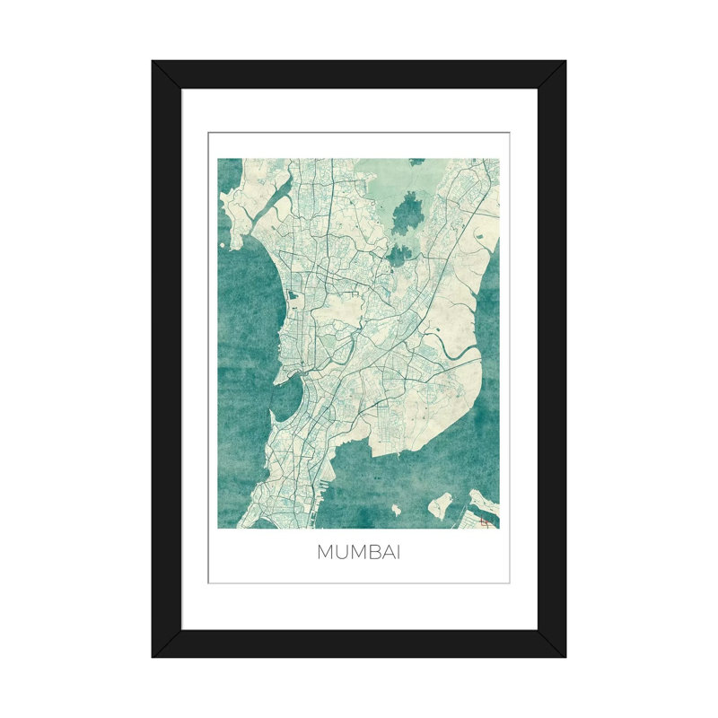 « mumbai rétro bleu aquarelle urban blueprint map », impression sur toile, H 24 po x l 16 po x P 1 po, Papier avec cadre noir